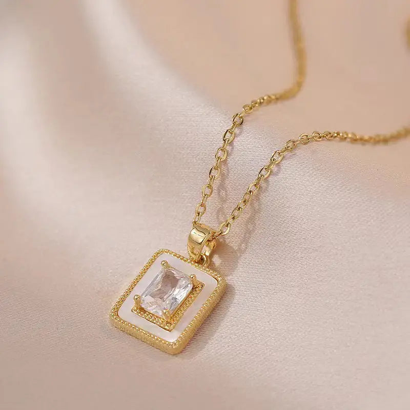 GlamZircon: Chic Square Sugar Pendant Necklace - Gold White
