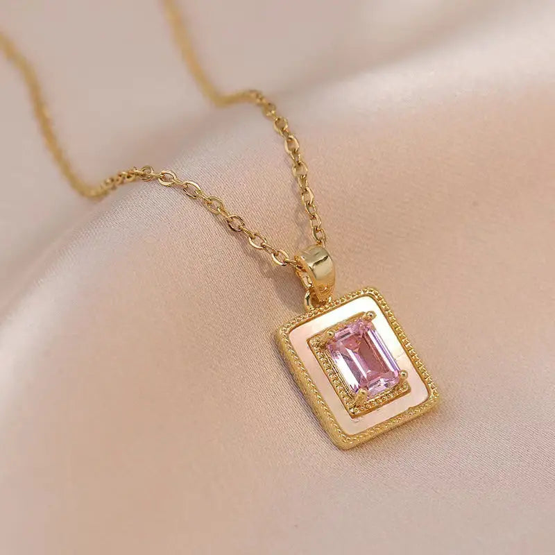 GlamZircon: Chic Square Sugar Pendant Necklace - Golden Pink
