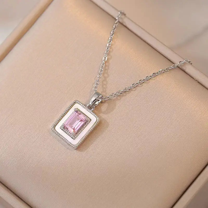 GlamZircon: Chic Square Sugar Pendant Necklace - Silver Pink