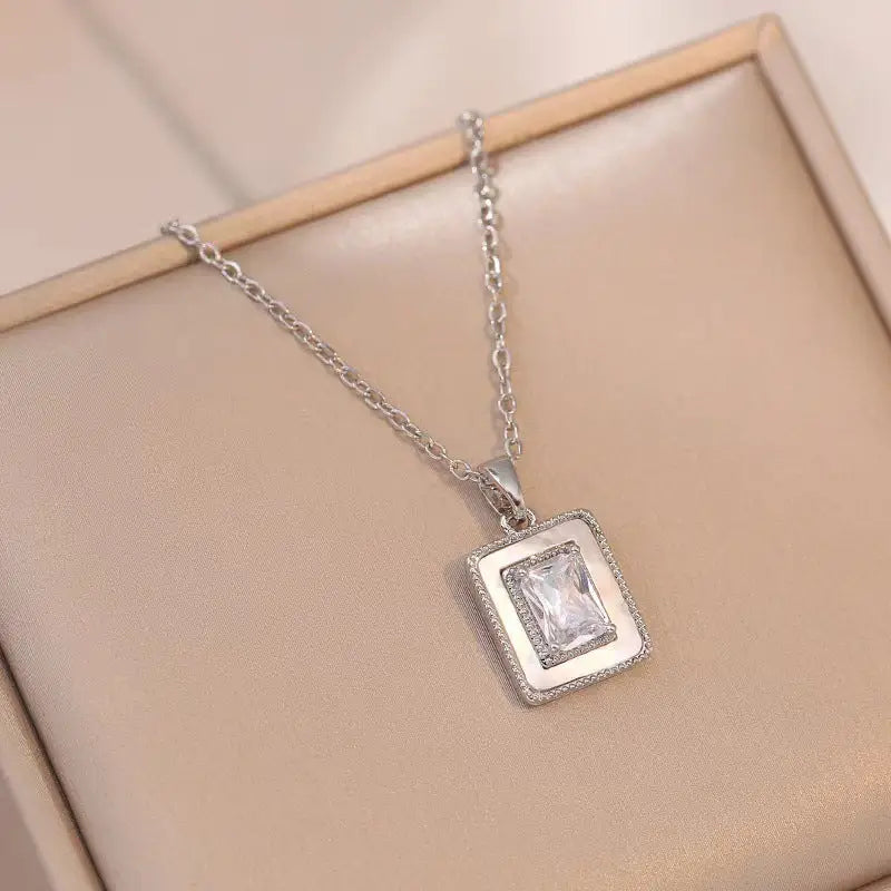 GlamZircon: Chic Square Sugar Pendant Necklace - Silver White