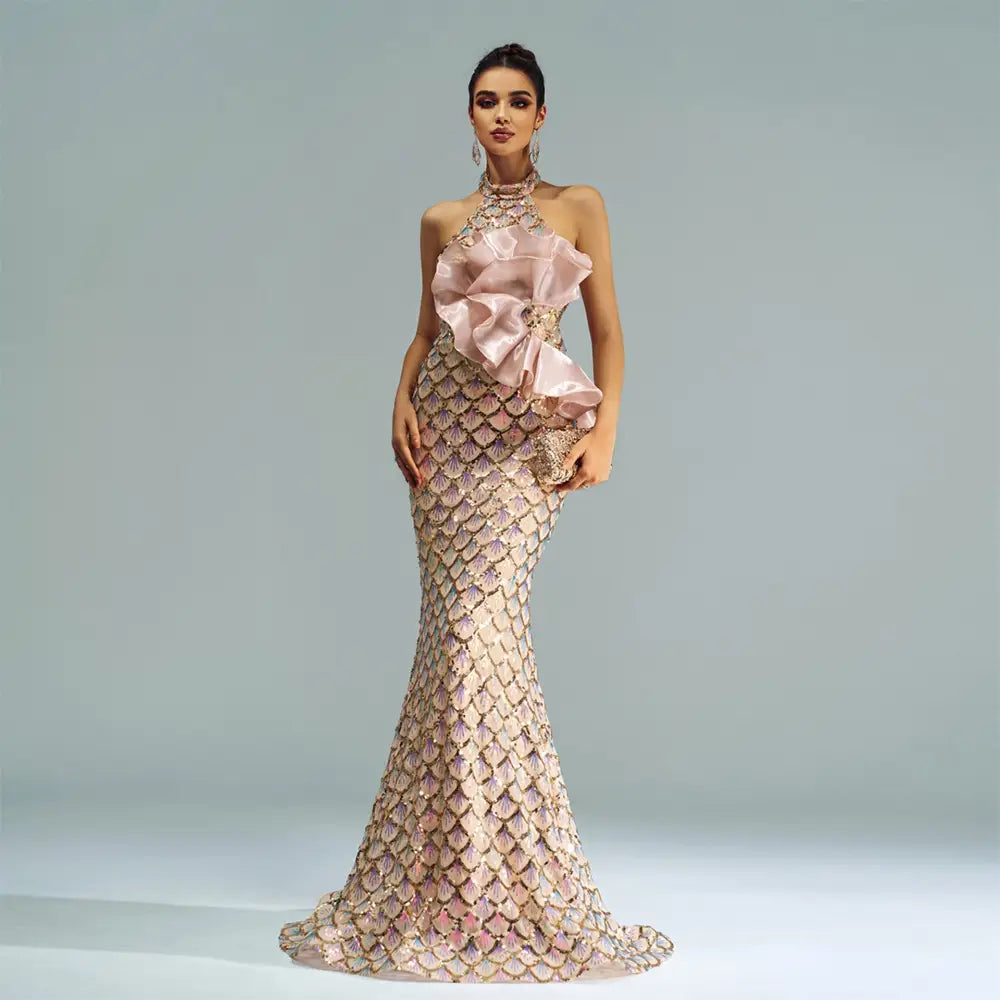 GlitzGlam Halter Mermaid Gown - Champagne / S
