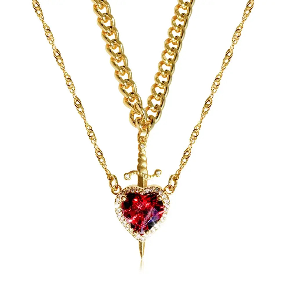 Golden Bond: Crystal Heart & Sword Necklace Set