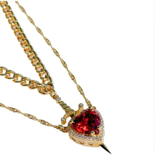 Golden Bond: Crystal Heart & Sword Necklace Set - Gold