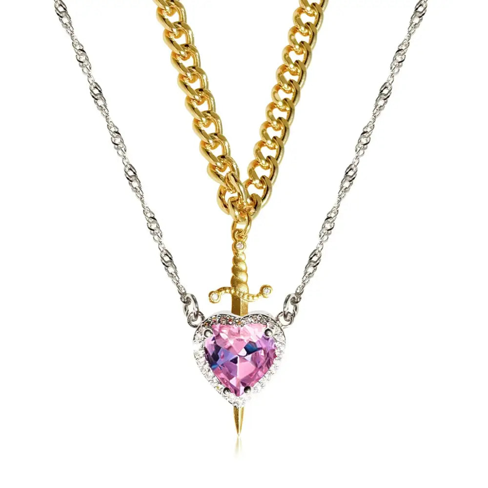 Golden Bond: Crystal Heart & Sword Necklace Set - Golde Silver pink