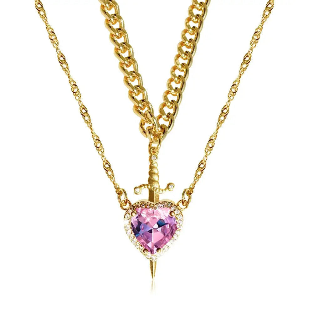 Golden Bond: Crystal Heart & Sword Necklace Set - Golden Set Pink Diamond