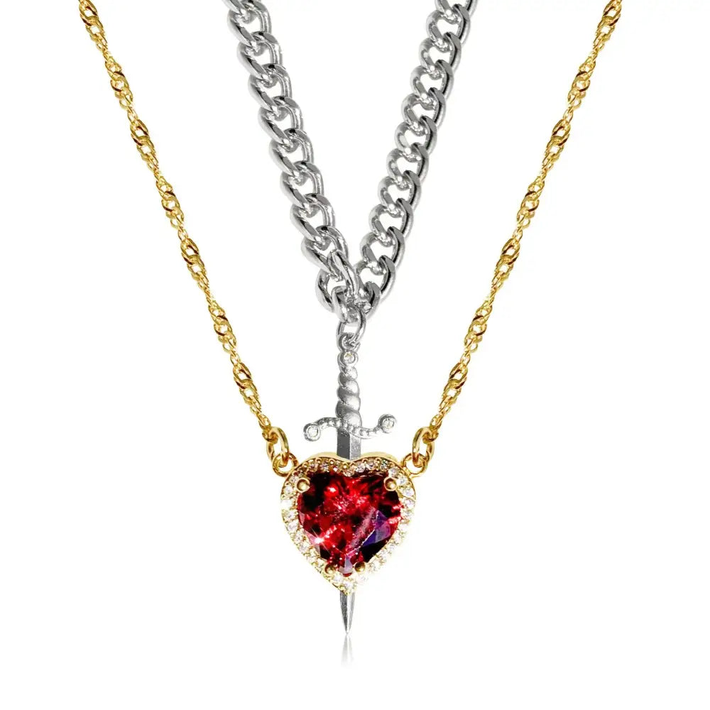 Golden Bond: Crystal Heart & Sword Necklace Set - Silver Sword Golden Heart