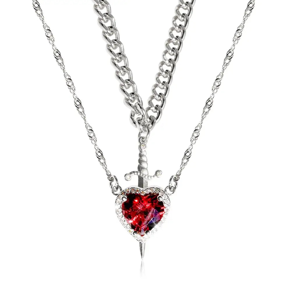 Golden Bond: Crystal Heart & Sword Necklace Set - Silver