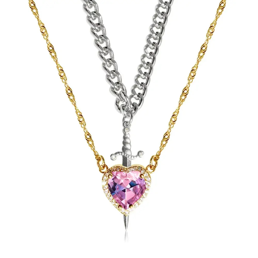 Golden Bond: Crystal Heart & Sword Necklace Set - Silver Sword Gold Pink