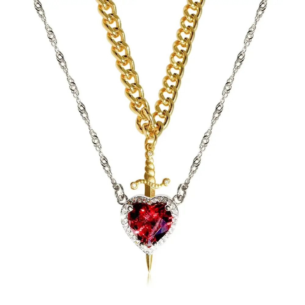 Golden Bond: Crystal Heart & Sword Necklace Set - Golden Sword Silver Love
