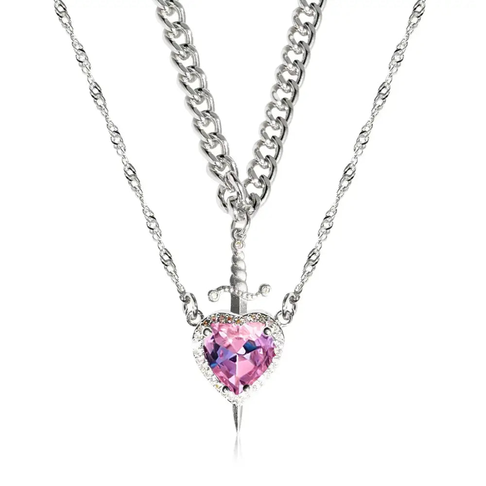 Golden Bond: Crystal Heart & Sword Necklace Set - Silver Set Pink Diamond