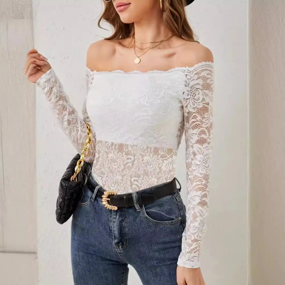 Graceful Lace Off-Shoulder Fan Collar Top