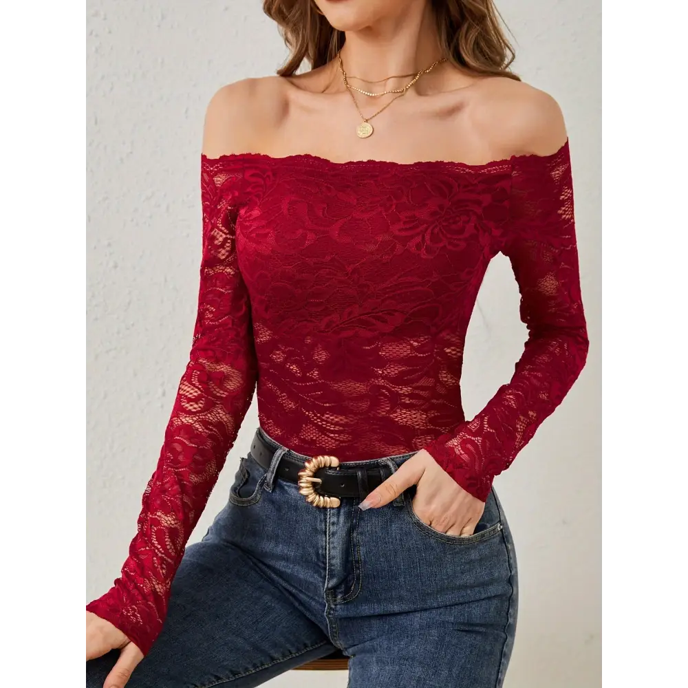 Graceful Lace Off-Shoulder Fan Collar Top - Wine Red / S