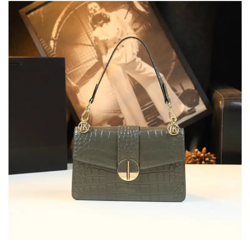 Gray Green Corduroy Shoulder Bag with Multiple Pockets and PU Lining - Gray Green