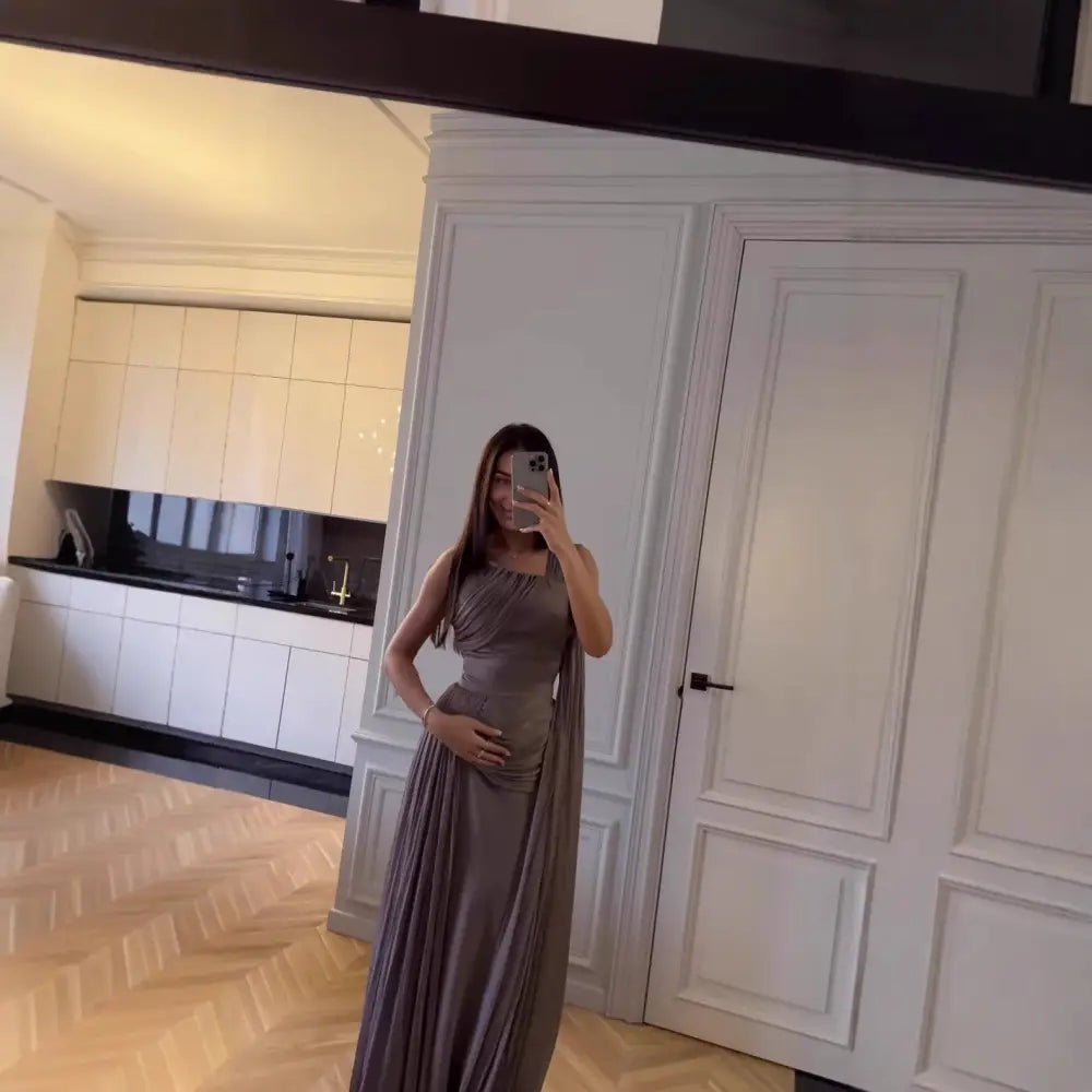 Greyish Purple Sleeveless Long Skirt with Ribbon Detail