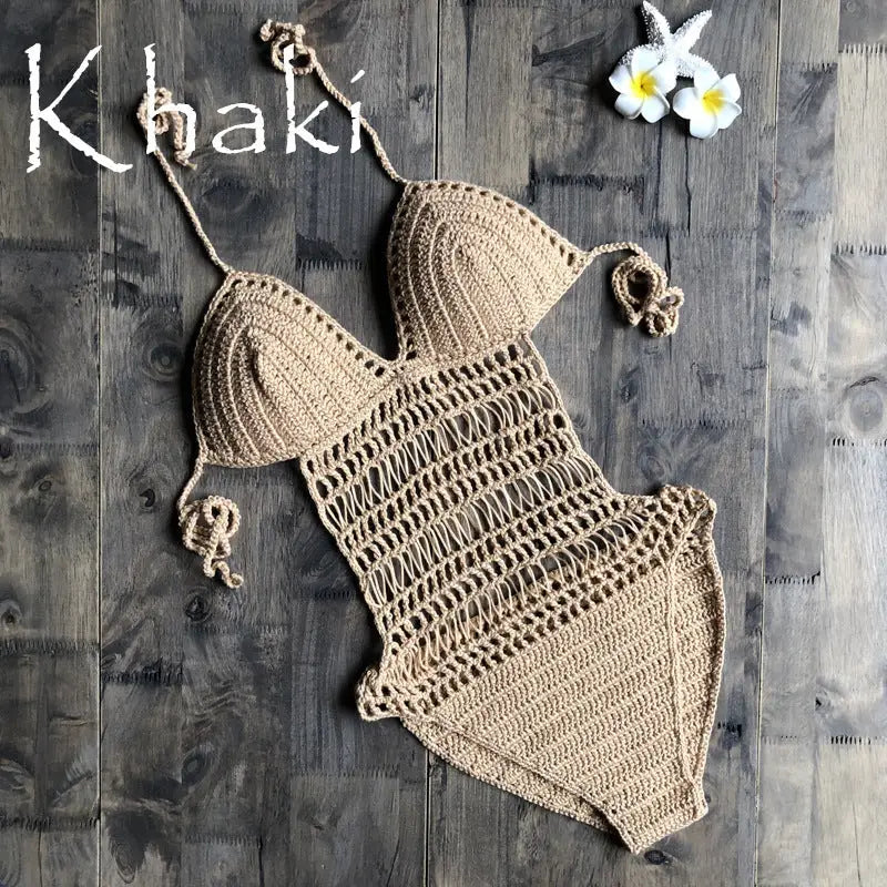 Hand-woven one-piece swimsuit - Khaki / One size