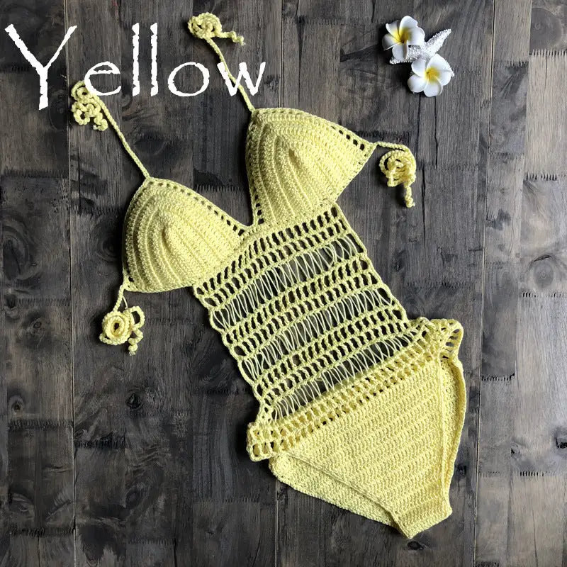 Hand-woven one-piece swimsuit - yellow / One size