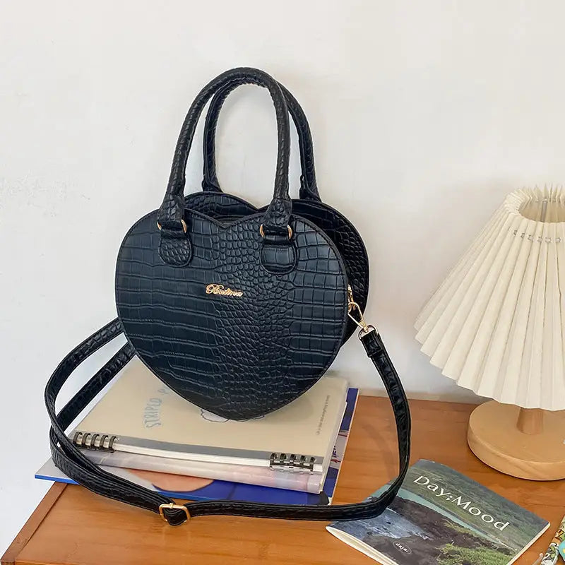 Heart Shape PU Leather Women’s Crossbody Bag with Sandwich Pocket - Black