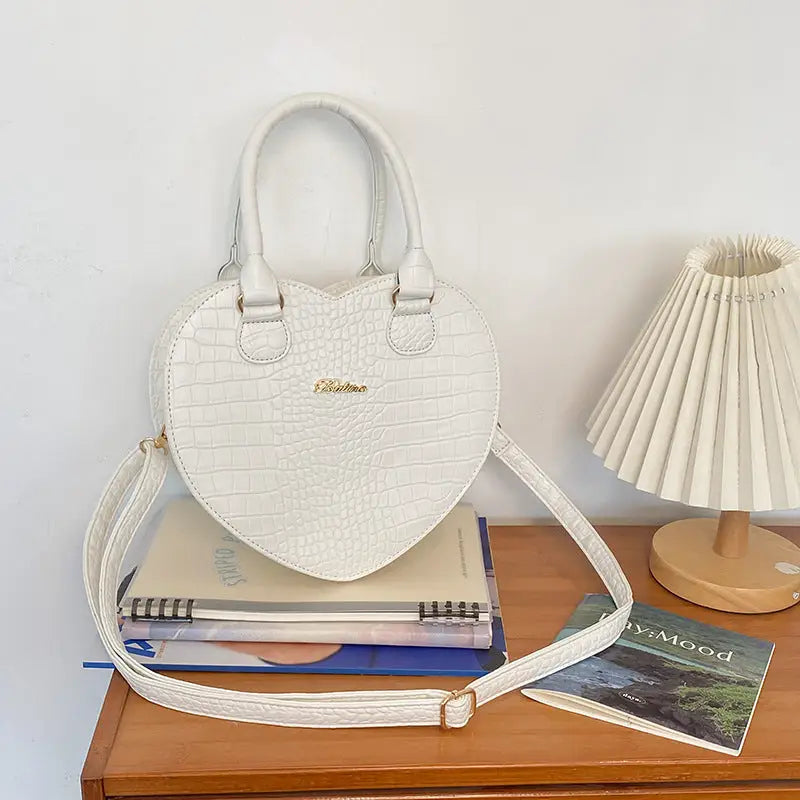 Heart Shape PU Leather Women’s Crossbody Bag with Sandwich Pocket - White