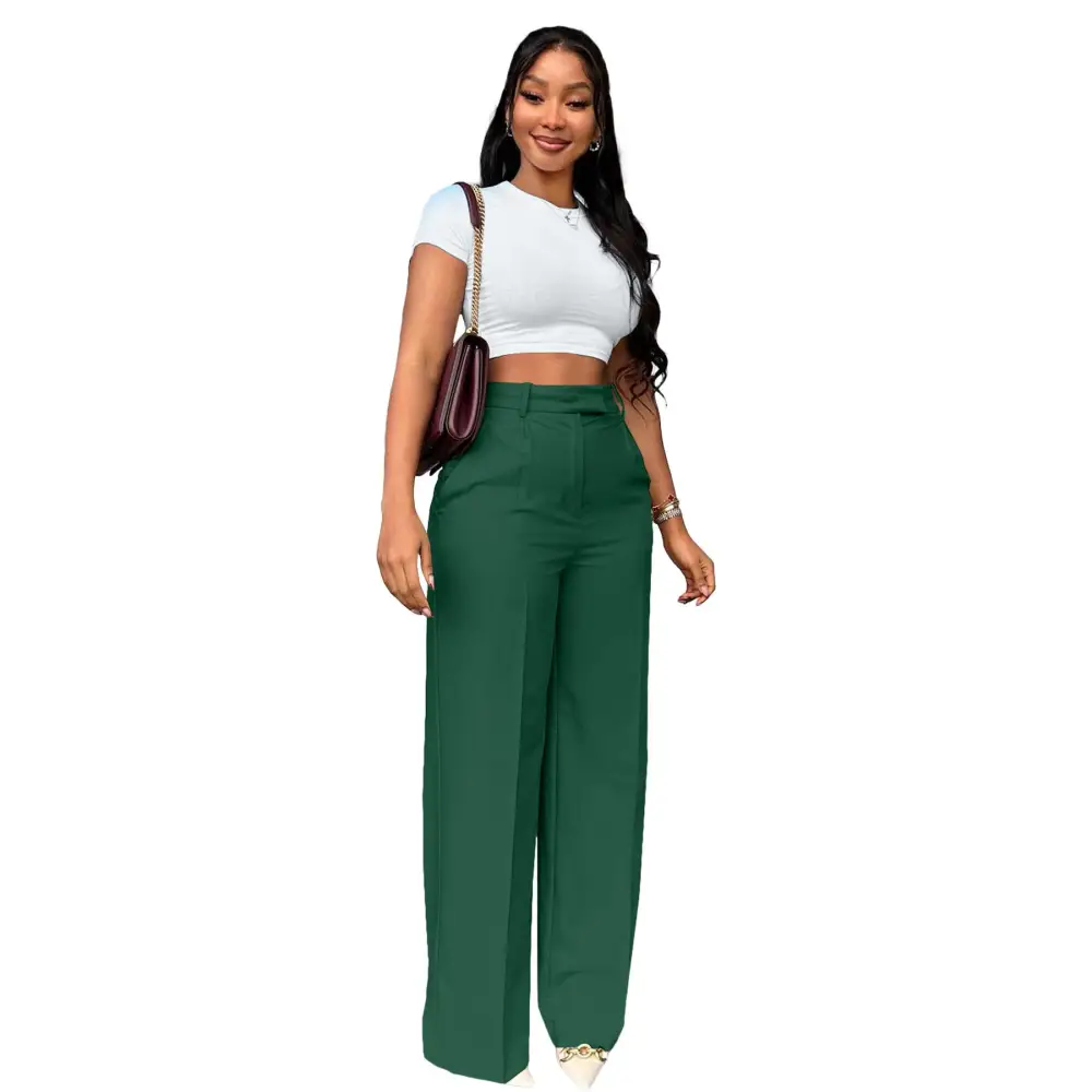 High-Waist Straight-Leg Pants - Dark Green / S