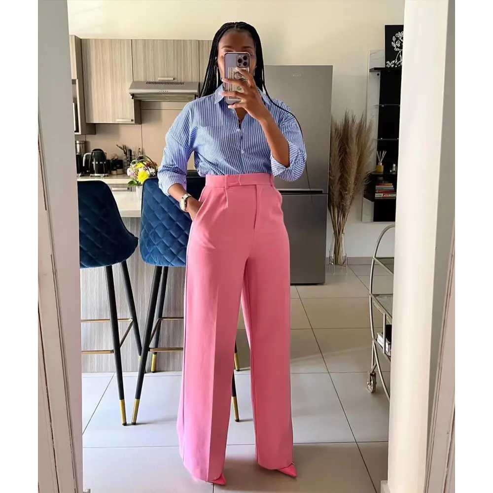 High-Waist Straight-Leg Pants - Pink / S