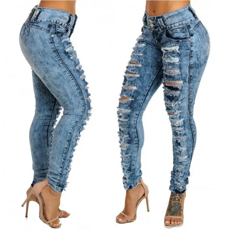 High-Waisted Breasted Ripped Jeans