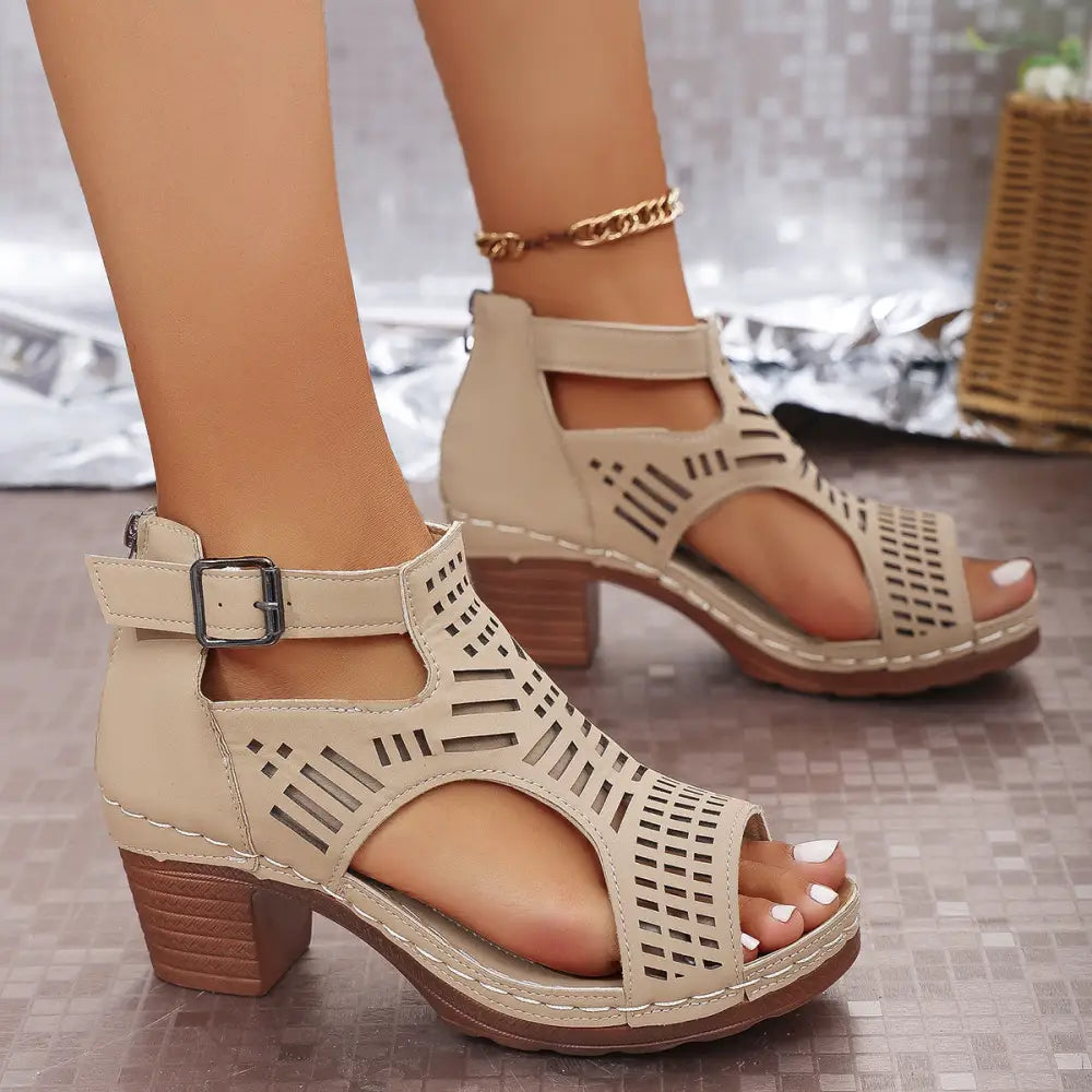 Hollow Chic Chunky Heel Peep-Toe Sandals