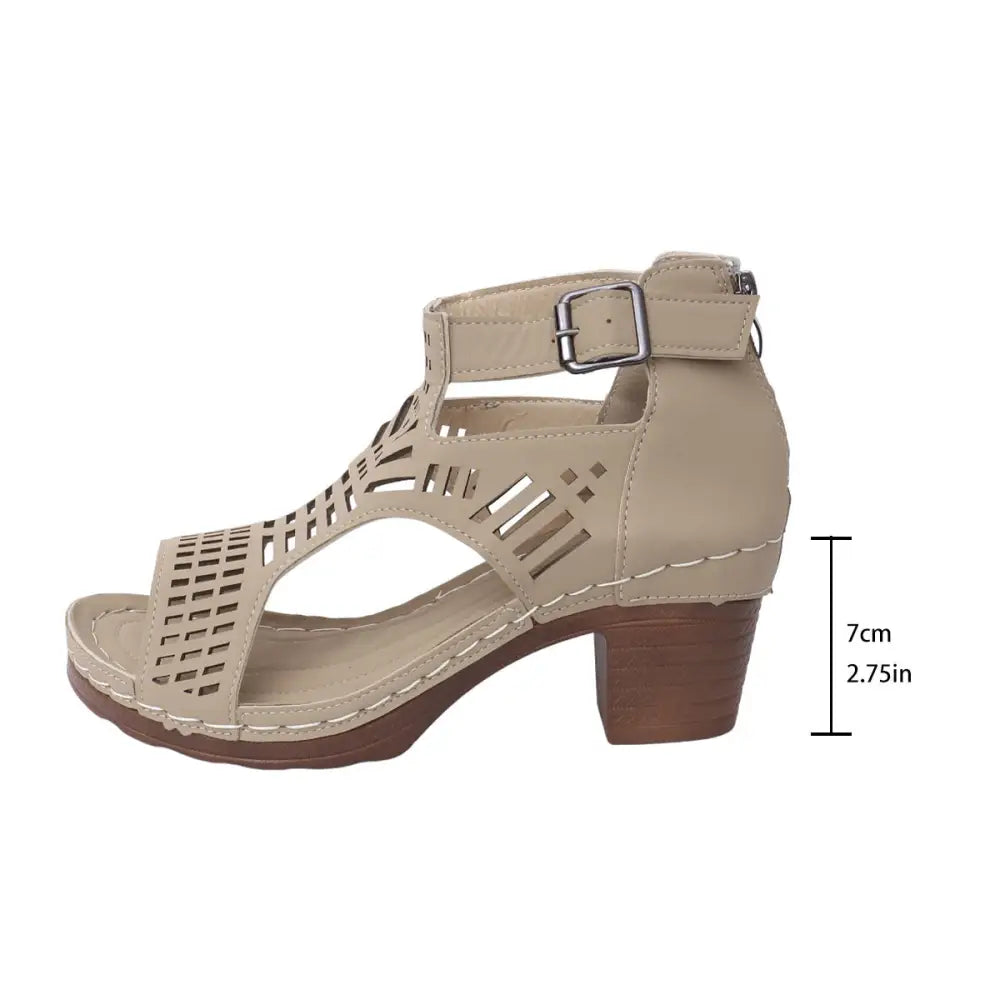 Hollow Chic Chunky Heel Peep-Toe Sandals - Beige / 36