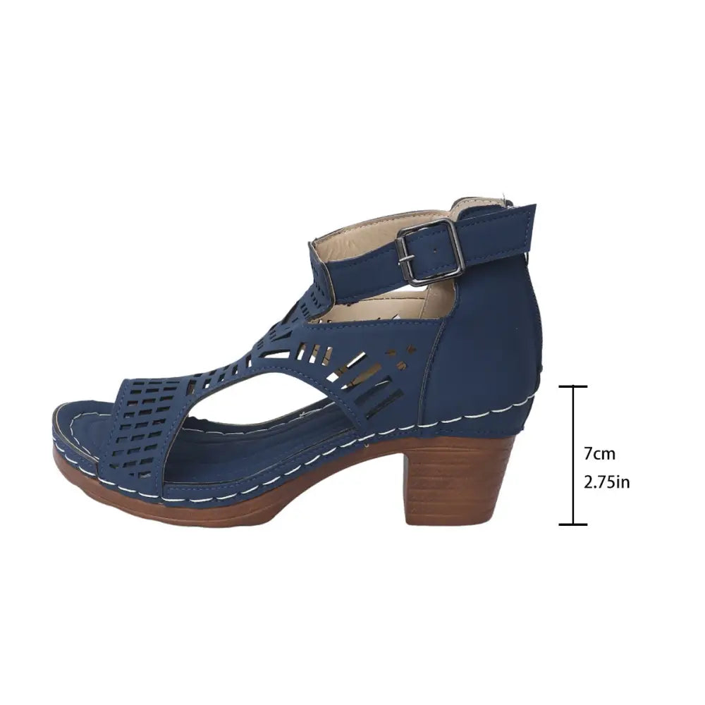 Hollow Chic Chunky Heel Peep-Toe Sandals - Blue / 36