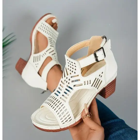 Hollow Chic Chunky Heel Peep-Toe Sandals - White / 36