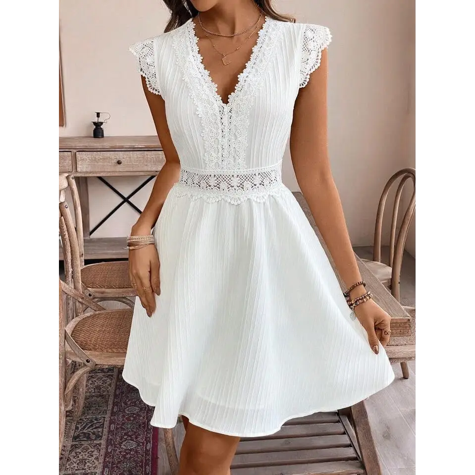 Hollow V-neck Dress - White / S