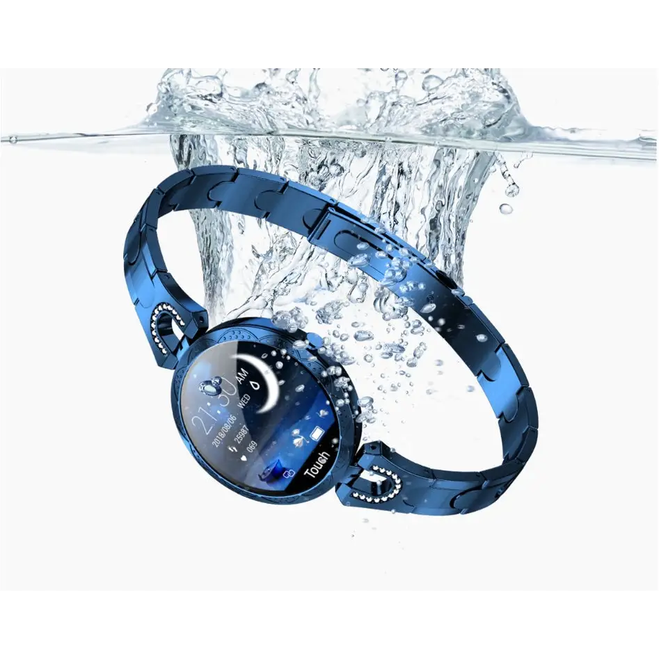 Blue smart watch with metal band.