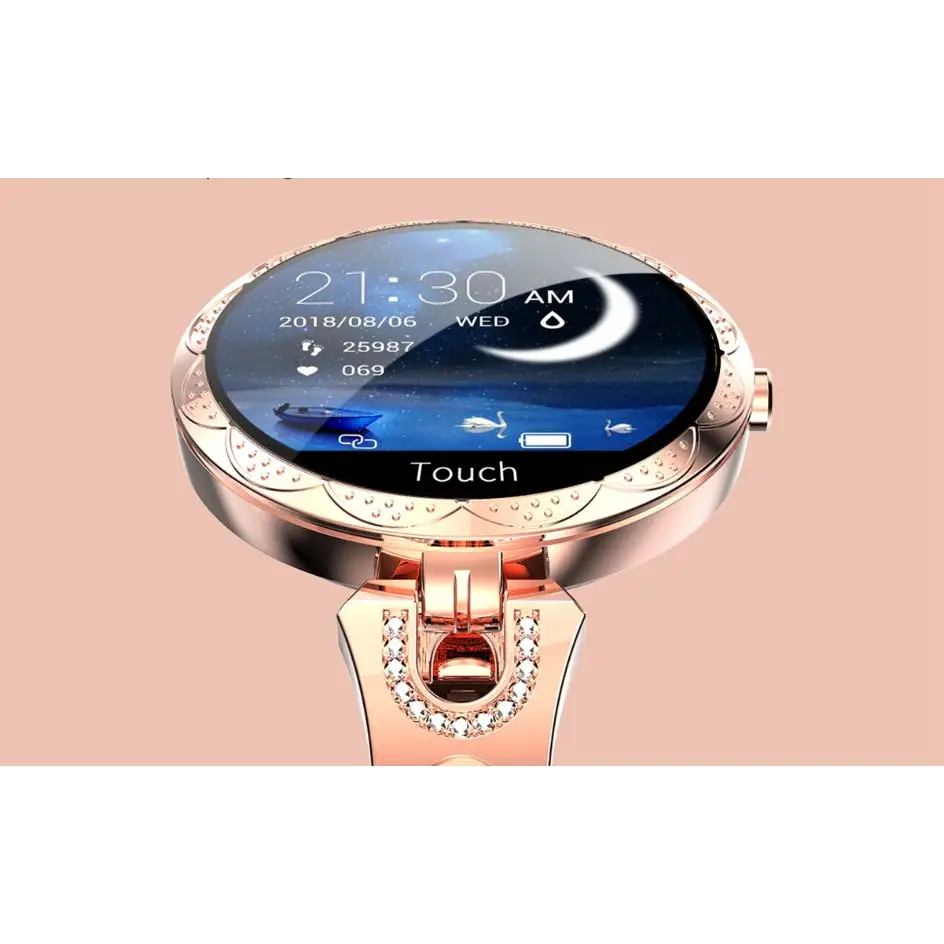 Rose gold smartwatch with decorative band.