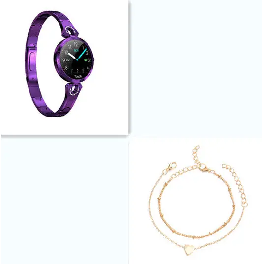 Purple smartwatch and gold bracelets.