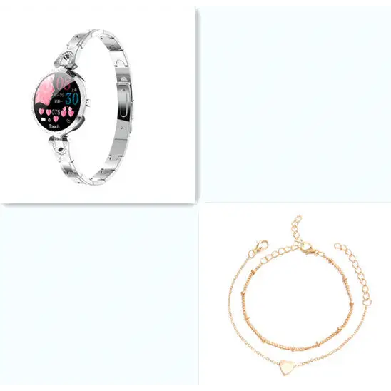 Silver smartwatch and gold anklets.