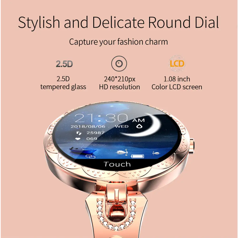 Rose gold smartwatch with jeweled accents.