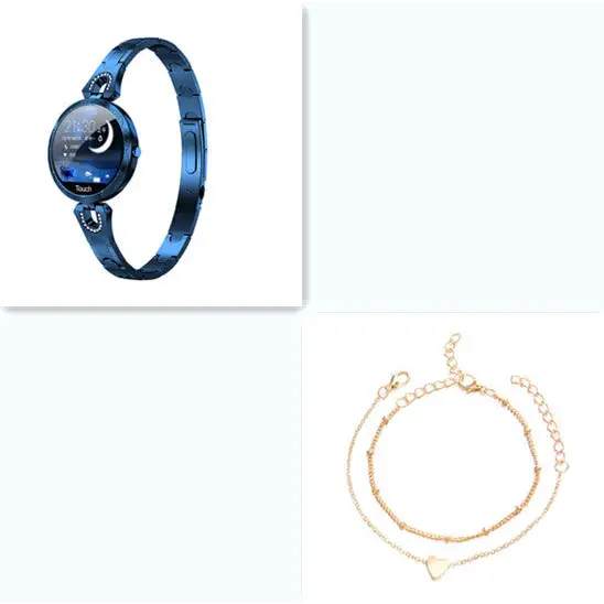 Blue smart bracelet and gold heart anklets.