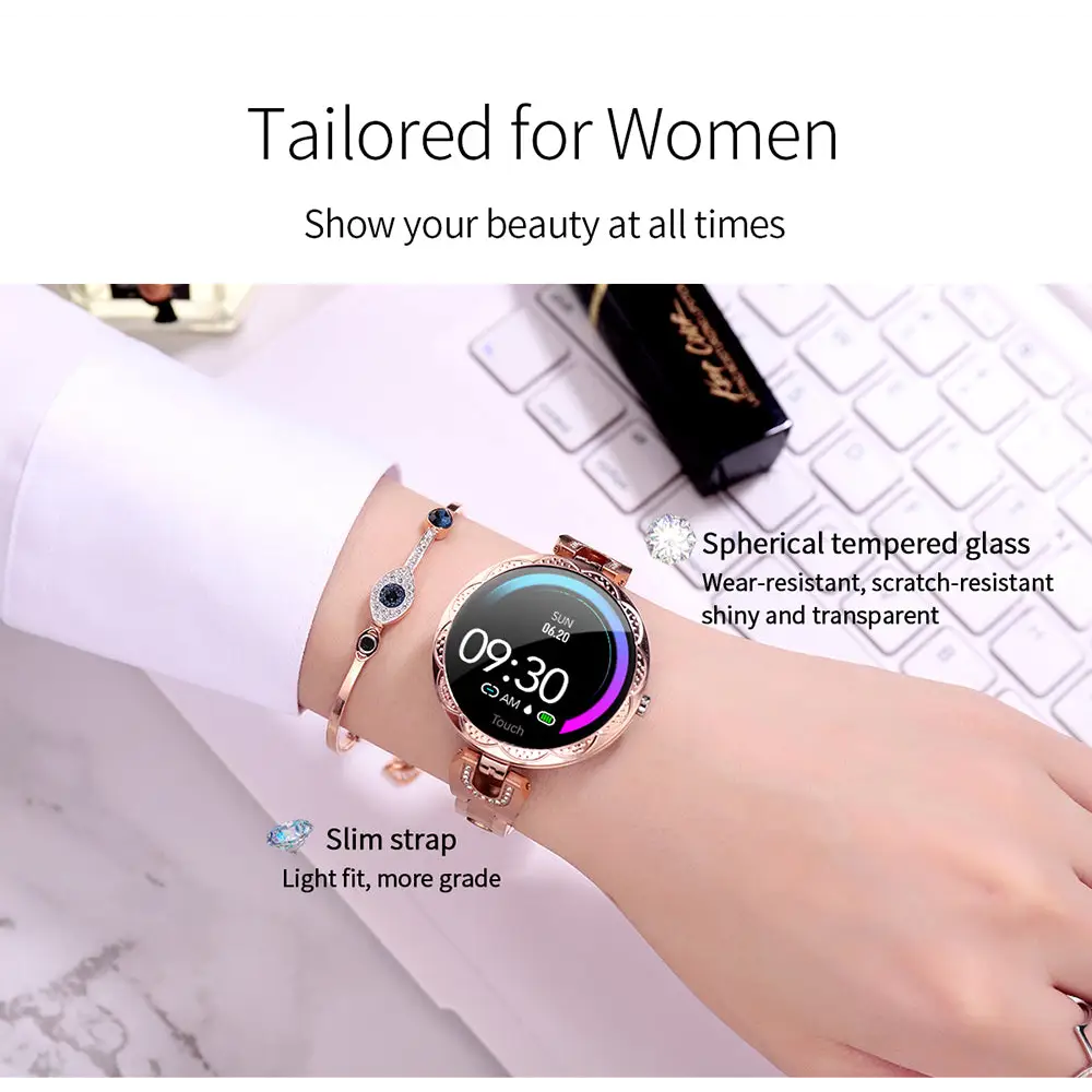 Rose gold smartwatch with matching bracelet.