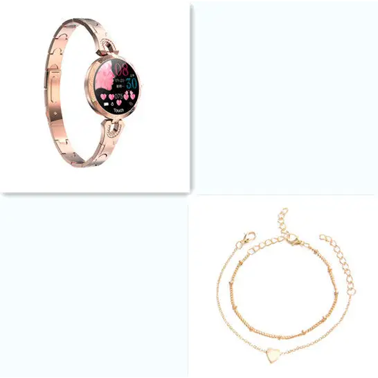 Rose gold smart bracelet and gold anklet.