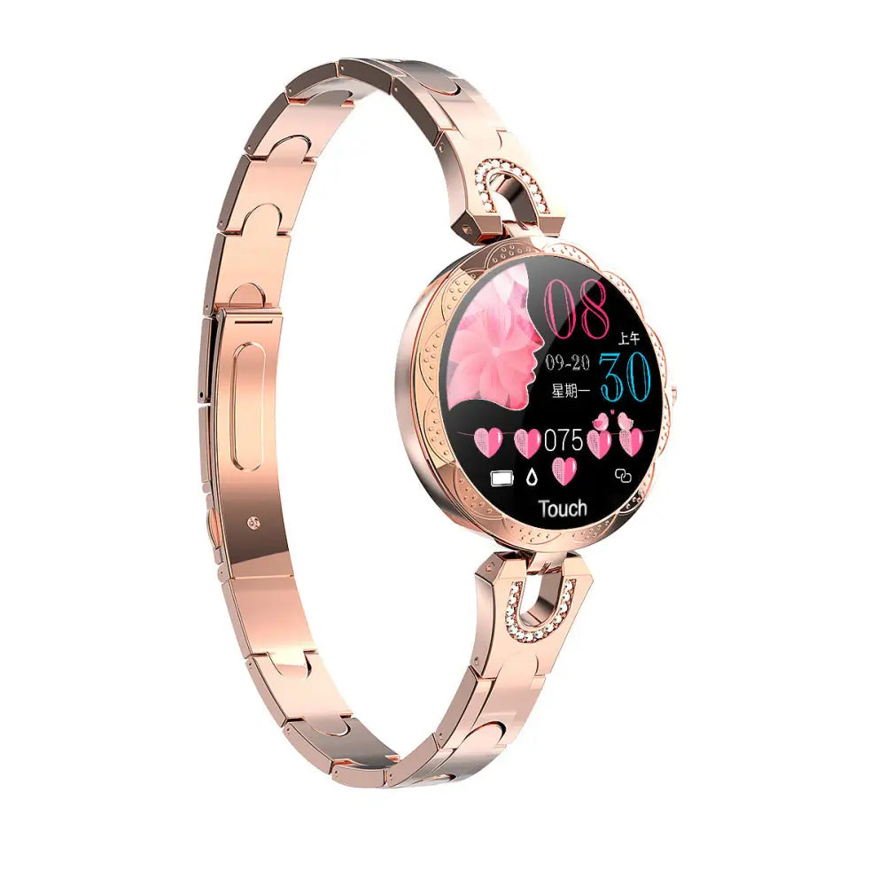 Rose gold smart bracelet watch.