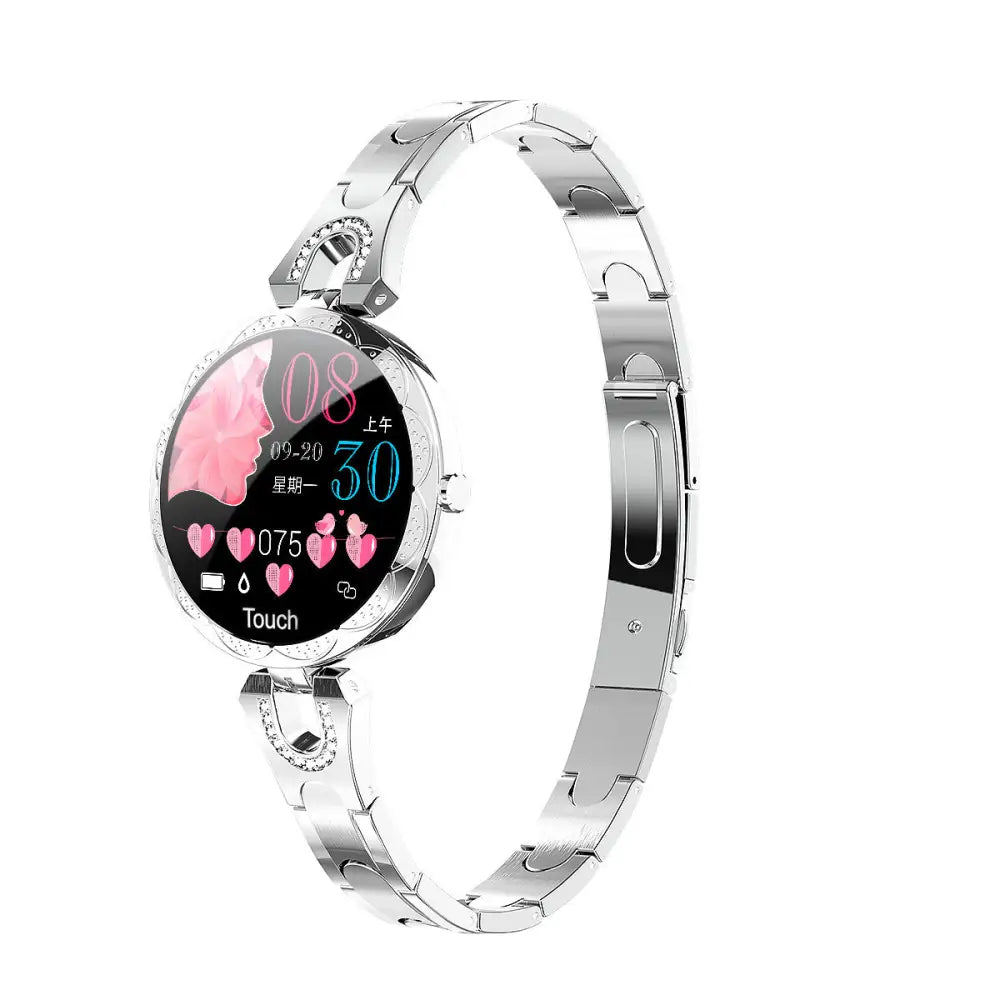 Silver smart watch with jeweled band.