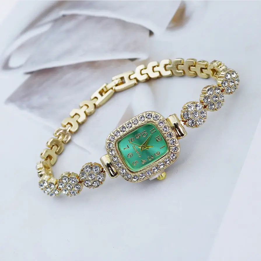 JewelSquare Luxe Watch with Diamond-Encrusted Stainless Steel Case - Square Style Golden Green