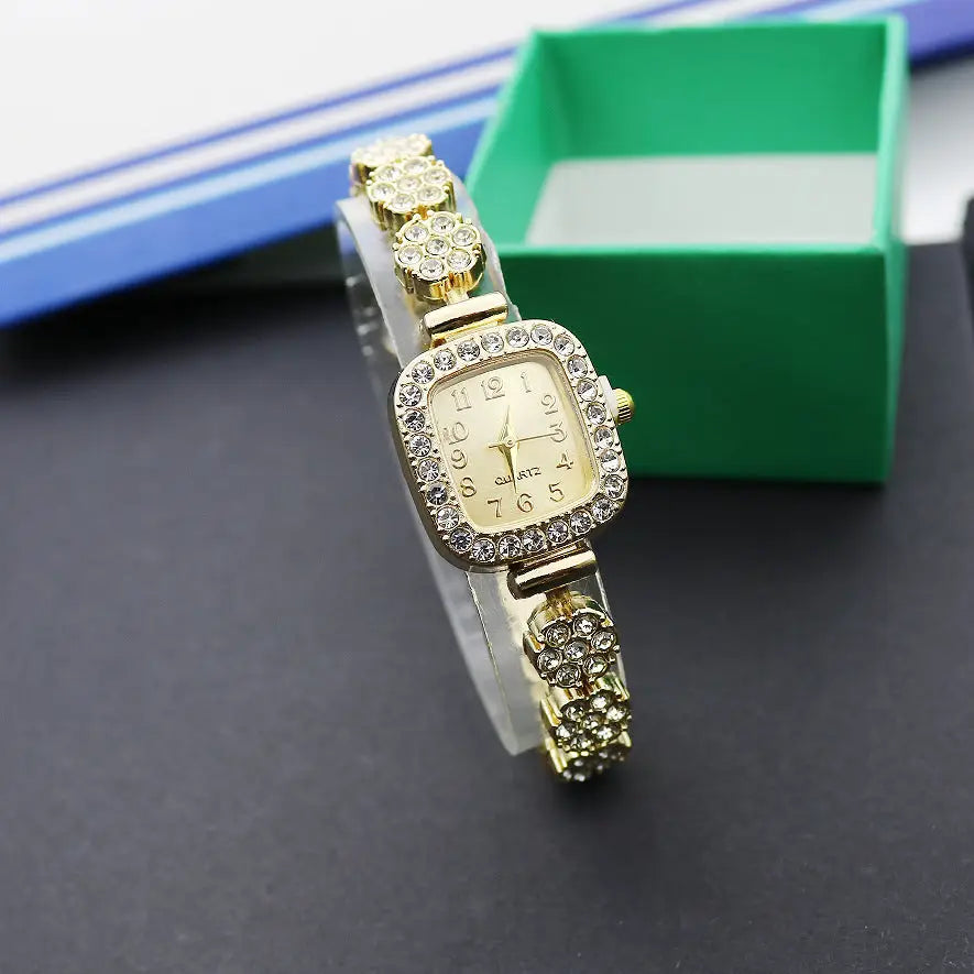 JewelSquare Luxe Watch with Diamond-Encrusted Stainless Steel Case - Square Gold