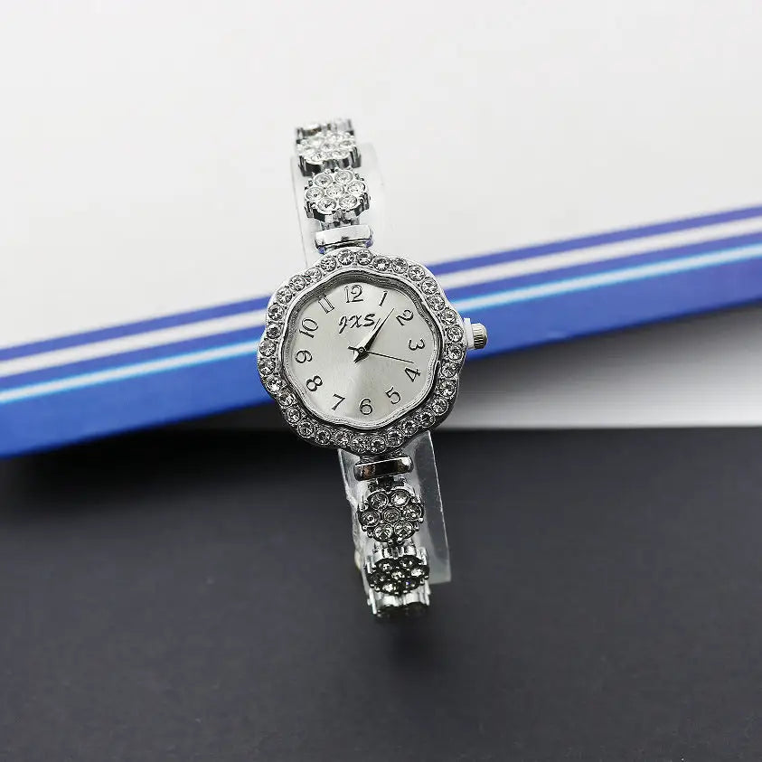 JewelSquare Luxe Watch with Diamond-Encrusted Stainless Steel Case - Flower Silver White