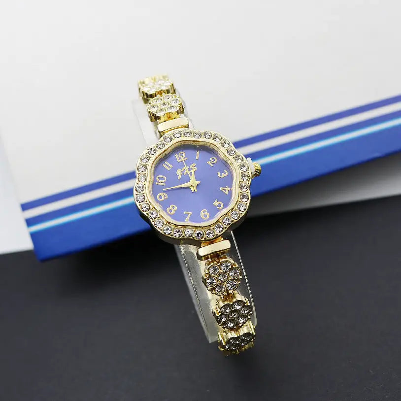 JewelSquare Luxe Watch with Diamond-Encrusted Stainless Steel Case - Flower Golden Blue