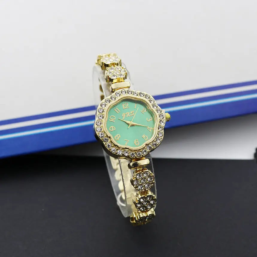 JewelSquare Luxe Watch with Diamond-Encrusted Stainless Steel Case - Flower Golden Green