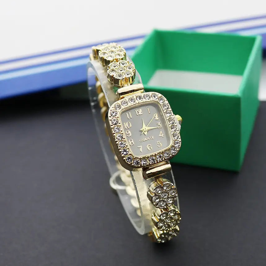 JewelSquare Luxe Watch with Diamond-Encrusted Stainless Steel Case - Square Gold Black