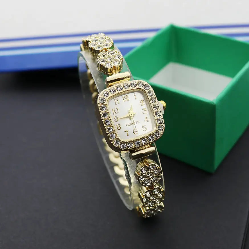 JewelSquare Luxe Watch with Diamond-Encrusted Stainless Steel Case - Square Gold And White