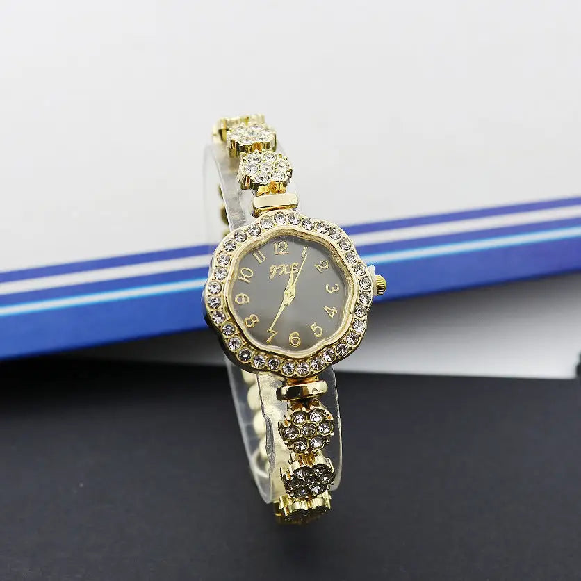 JewelSquare Luxe Watch with Diamond-Encrusted Stainless Steel Case - Flower Gold Black