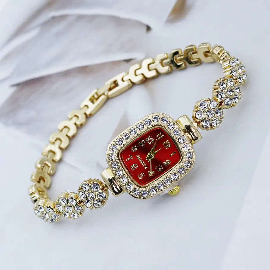 JewelSquare Luxe Watch with Diamond-Encrusted Stainless Steel Case - Square Style Golden Red