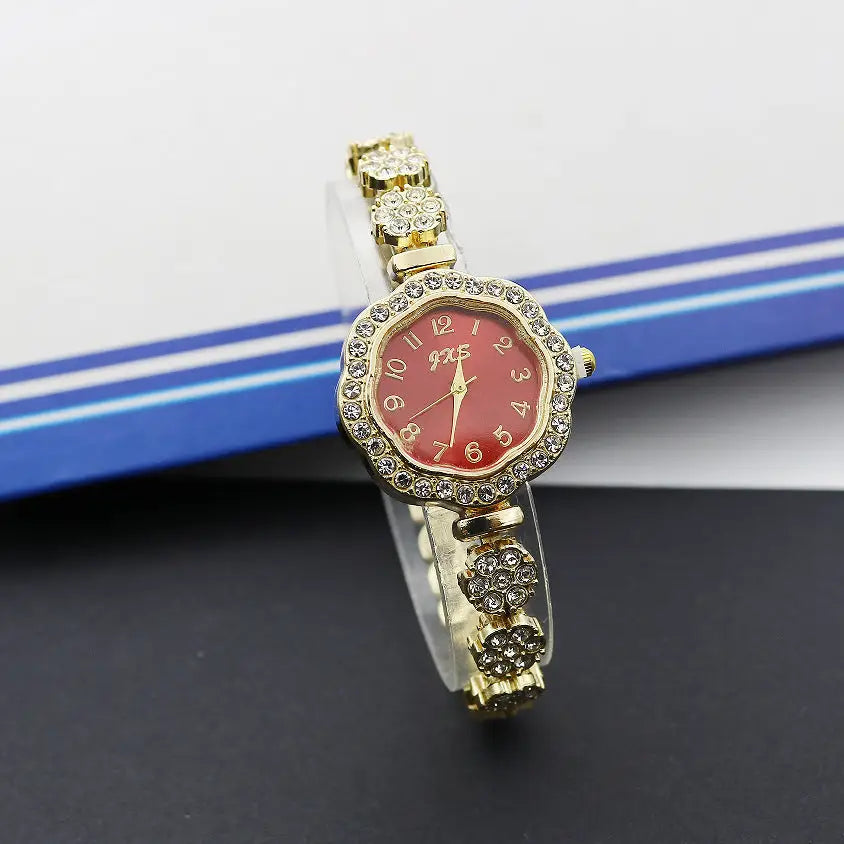 JewelSquare Luxe Watch with Diamond-Encrusted Stainless Steel Case - Flower Golden Red